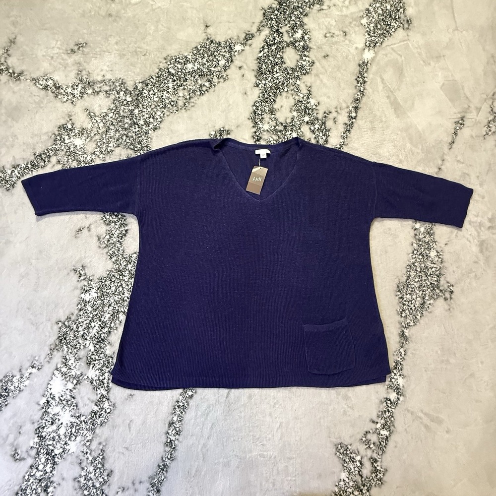 J Jill Sweater Womens Size L Ink Blue Knit V Neck 3/4 Sleeve Linen Blend Top